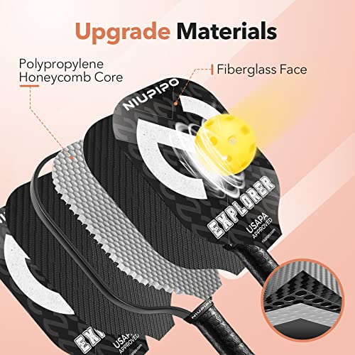 niupipo Explorer Pickleball Paddle - Fiberglass, USA Approved Professional Pickleball Paddles, Polypropylene Honeycomb Core, Ultra Cushion, 4.5″ Grip Size, Mid-Weight with Cover, for Advanced Players